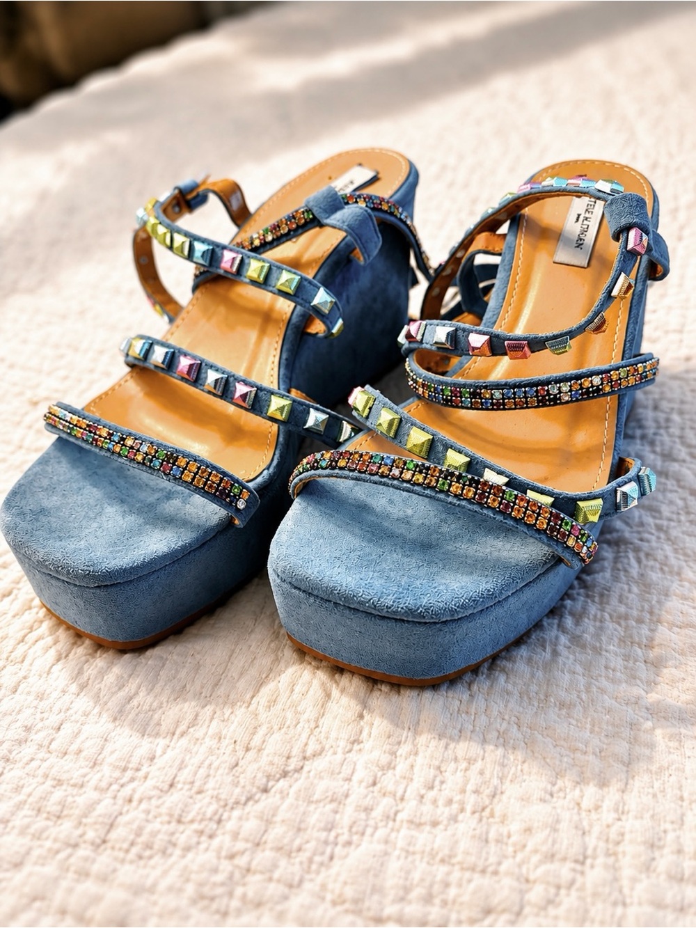Embellished Blue Suede Platform Sandals with Beaded Straps